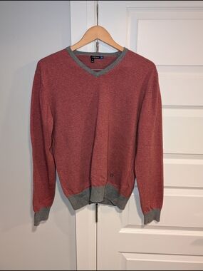 J Lindeberg Men’s Red V-Neck Sweater with Gray Trim